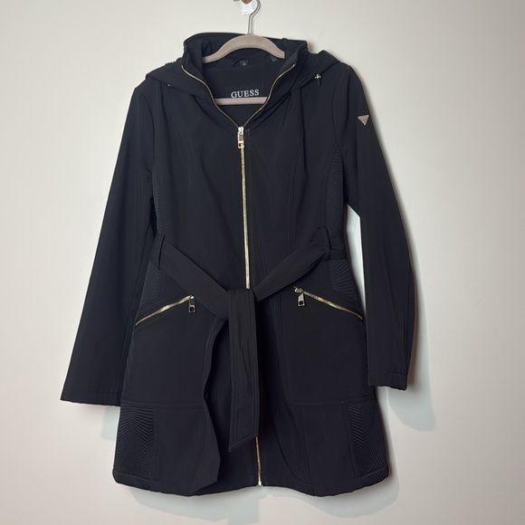 GUESS Black Softshell Zip Up Belted Hooded RainCoat Jacket for Women Size L - Picture 5 of 12